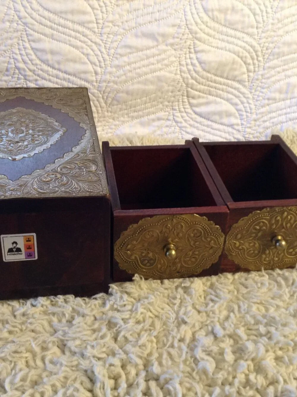 VTG '70-90's Jewelry Box wooden Boho Brass Embossed Embellishments 2 drawer
